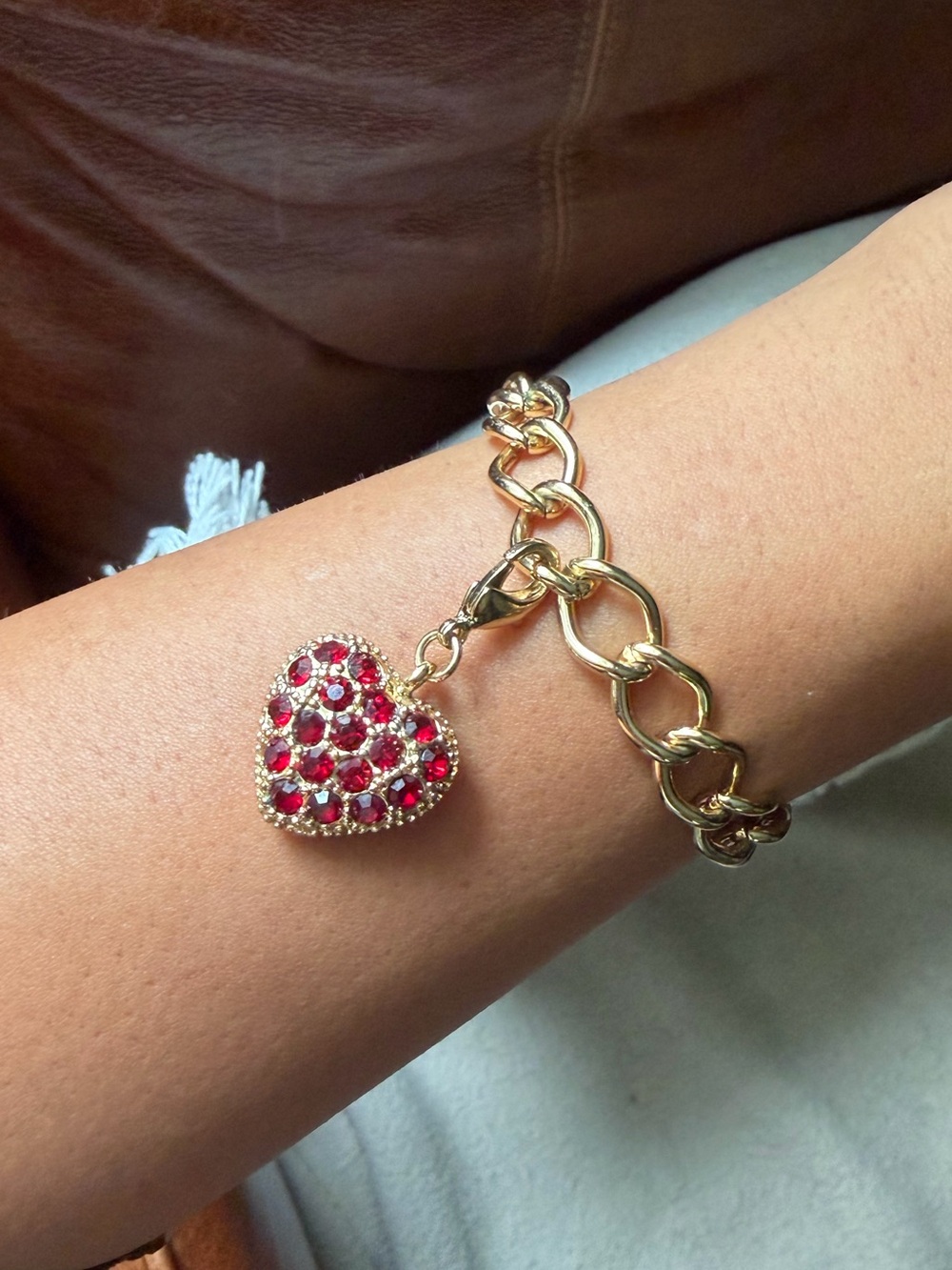 Vintage Monet Gold Chain Bracelet with Red Crystal Heart Charm